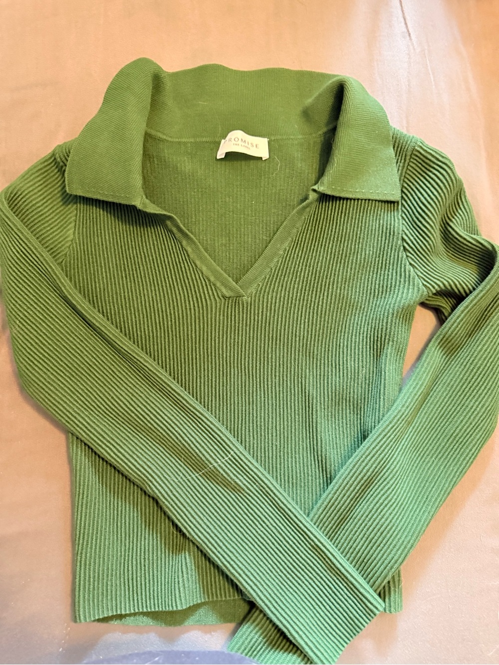 Promise Olive Green Ribbed V-Neck Polo Sweater - Women's